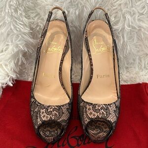 Original Christian Louboutin open toe sling back black and satin lace sandal 5.5